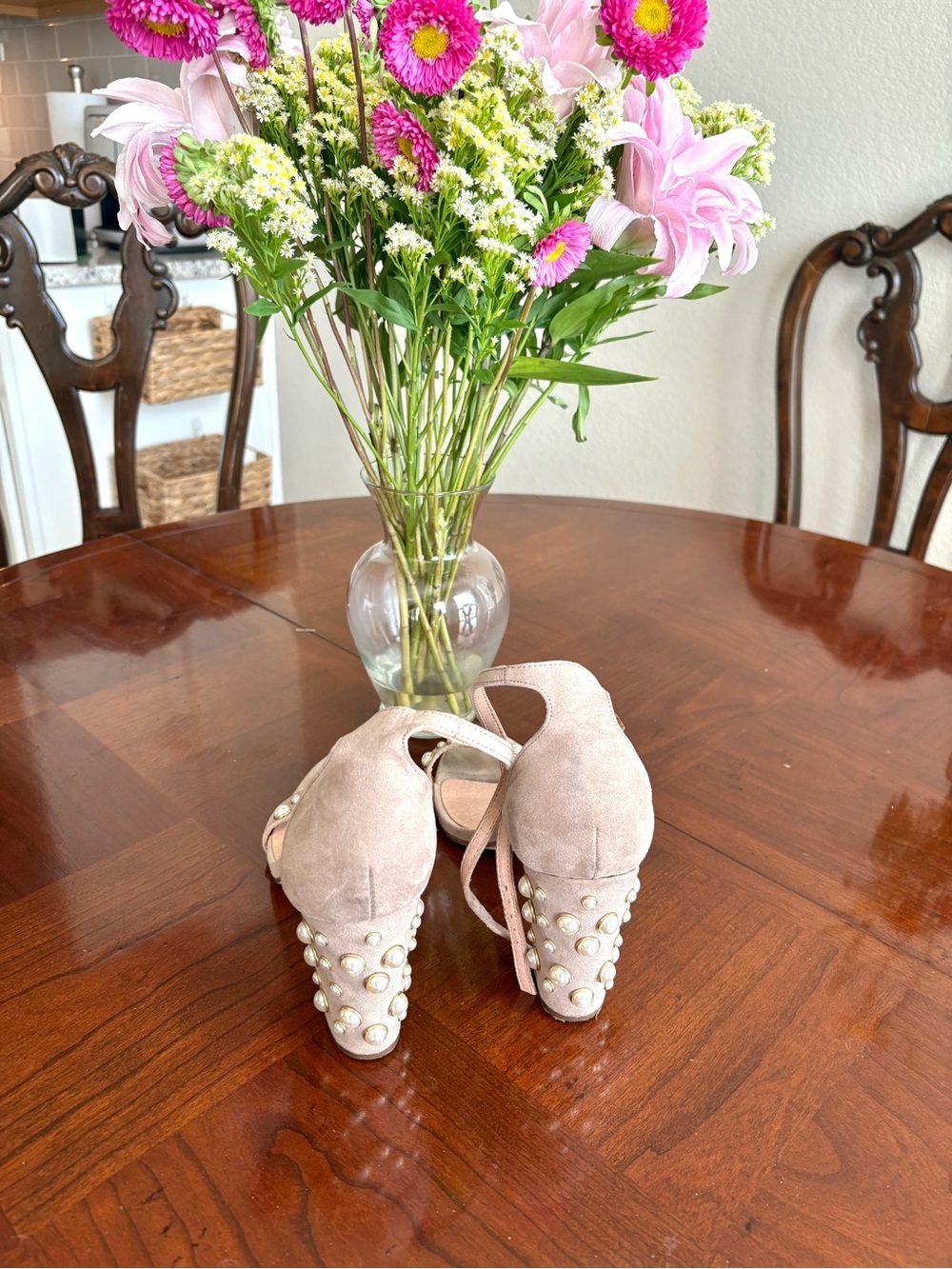 Madden Girl Women's Beige Suede Block Heel Sandals with Pearl Studs - Picture 2 of 8